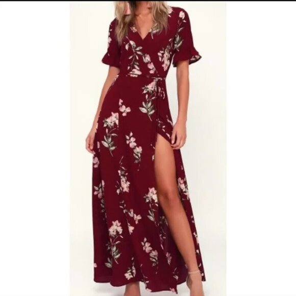 Lulus September Sunsets Burgundy Floral Print Wrap Maxi Dress - Picture 1 of 10